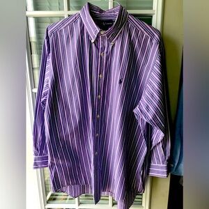 Ralph Lauren Men’s Yarmouth Dress Shirt  Stripes of Purple, Navy and White.